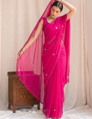 Magenta floral beads and stones poly georgette designer saree 1