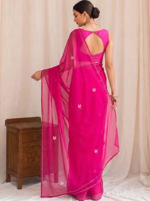 Magenta floral beads and stones poly georgette designer saree 2