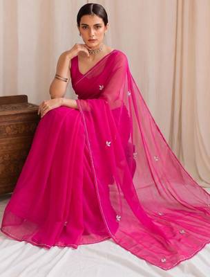 Magenta floral beads and stones poly georgette designer saree 4