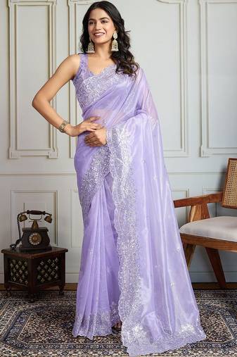 Lavender embroidered net sarees