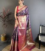 Purple abstract woven design zari kanjeevaram saree with unstitched blouse piece