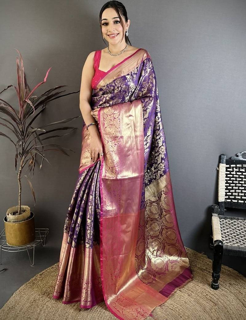 Purple abstract woven design zari kanjeevaram saree with unstitched blouse piece