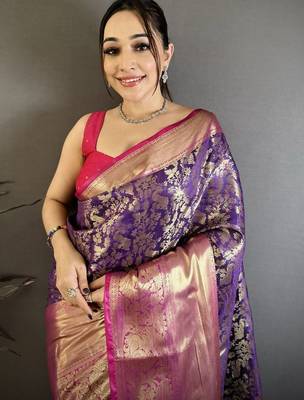 Purple abstract woven design zari kanjeevaram saree with unstitched blouse piece 2