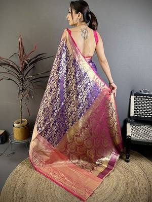 Purple abstract woven design zari kanjeevaram saree with unstitched blouse piece 4