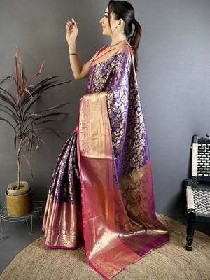 Purple abstract woven design zari kanjeevaram saree with unstitched blouse piece 5