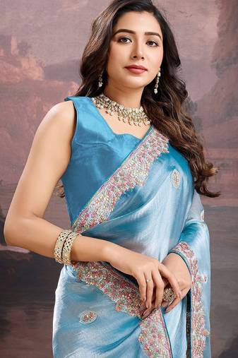 Blue floral embroidered saree