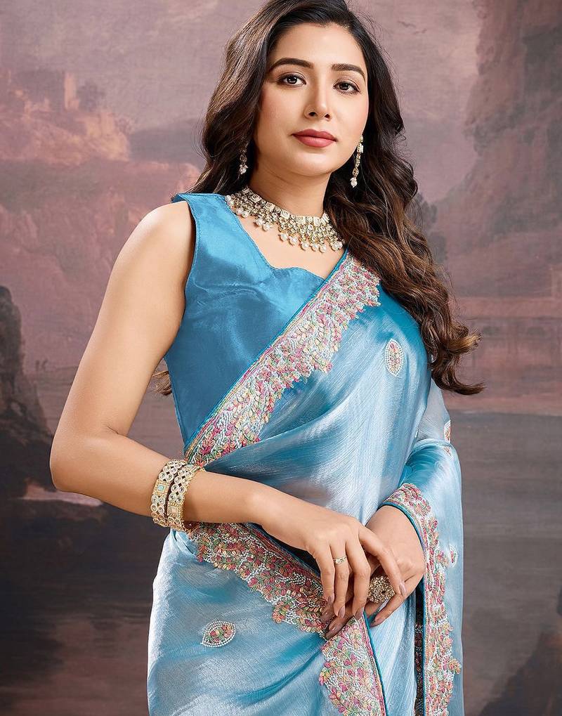 Blue floral embroidered saree