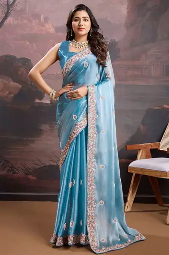 Blue floral embroidered saree