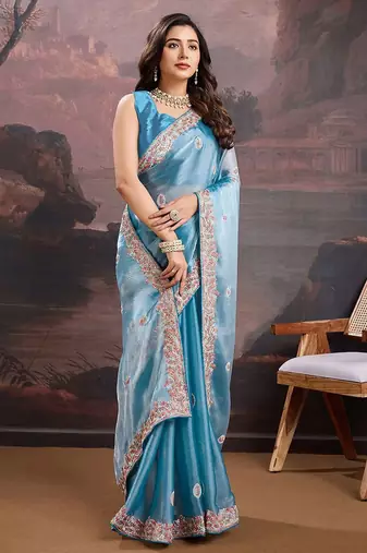 Blue floral embroidered saree