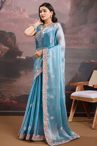 Blue floral embroidered saree