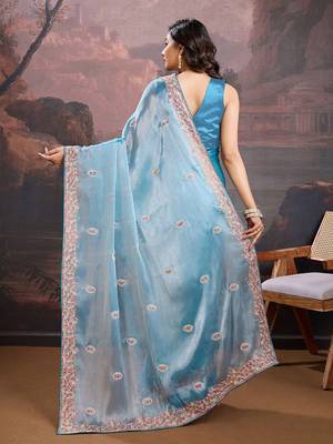 Blue floral embroidered saree 5