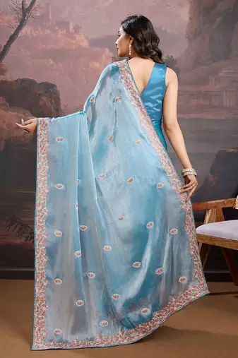 Blue floral embroidered saree