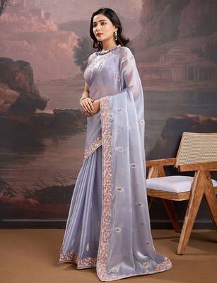 Lavender floral embroidered saree with blouse 3