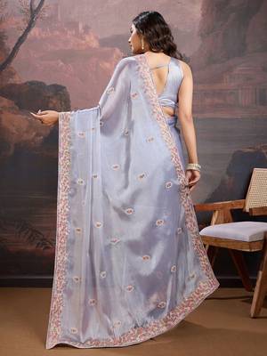 Lavender floral embroidered saree with blouse 4