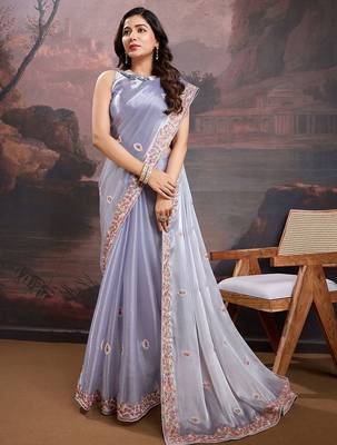 Lavender floral embroidered saree with blouse 5