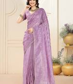 Purple ethnic embroidered festive wear saree with matching blouse