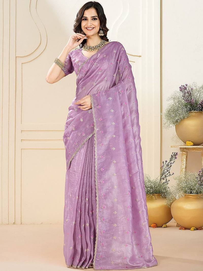 Purple ethnic embroidered festive wear saree with matching blouse