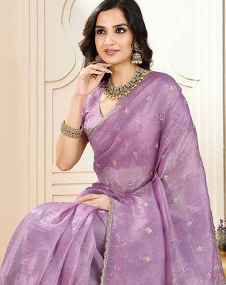 Purple ethnic embroidered festive wear saree with matching blouse 2