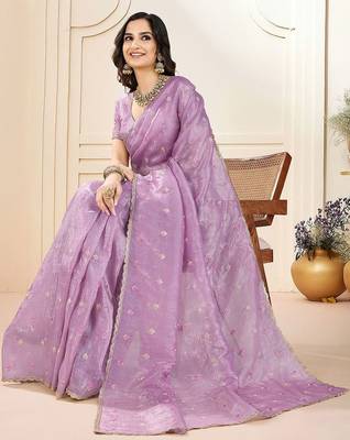 Purple ethnic embroidered festive wear saree with matching blouse 3