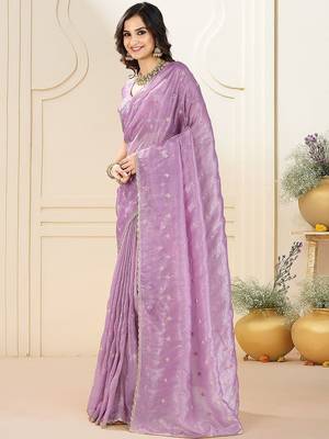 Purple ethnic embroidered festive wear saree with matching blouse 4