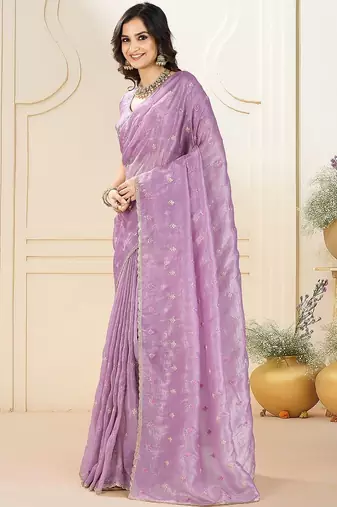 Purple ethnic embroidered festive wear saree with matching blouse