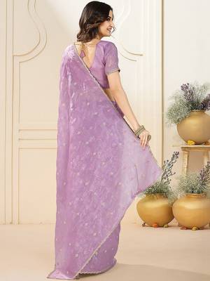 Purple ethnic embroidered festive wear saree with matching blouse 5