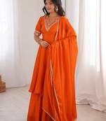 Orange designer heavy chinon silk blend palazzo suit set