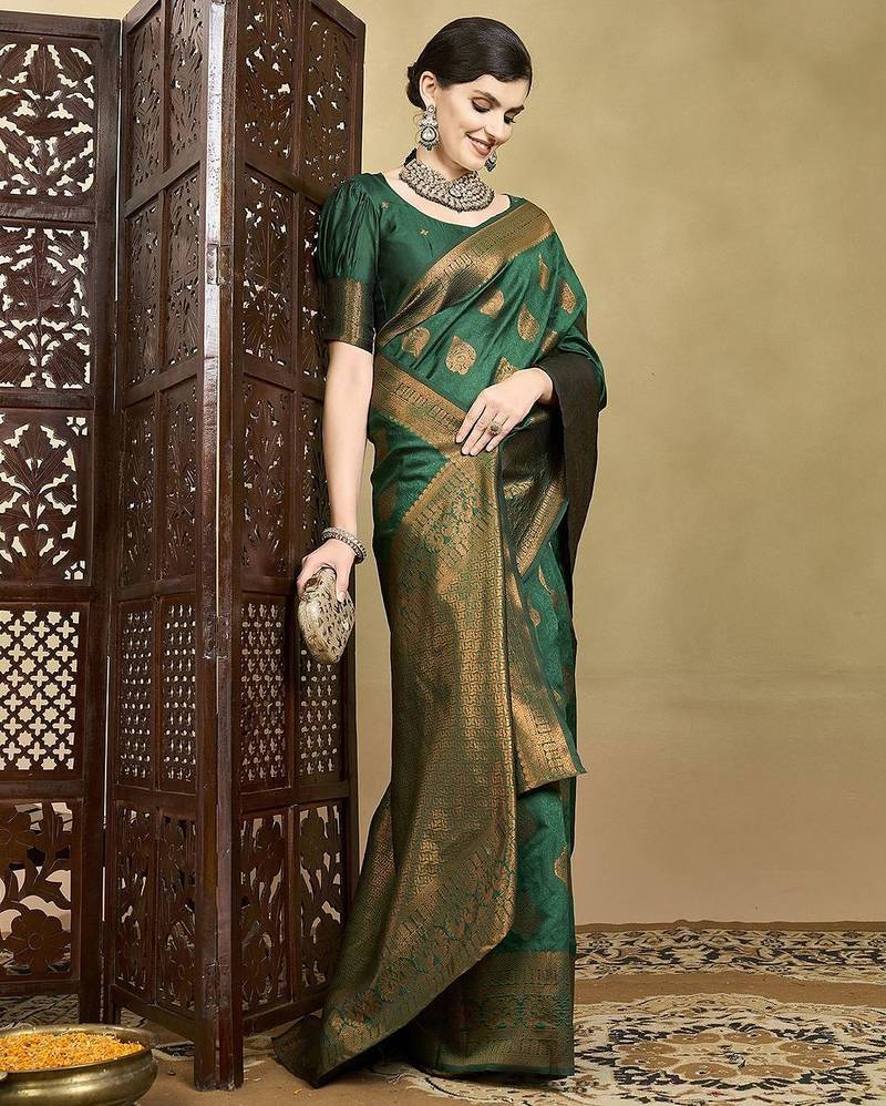 Olive ethnic motifs woven design zari mysore silk saree