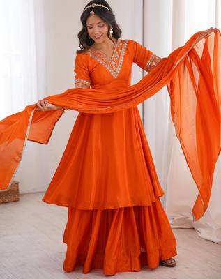 Orange designer heavy chinon silk blend palazzo suit set 2