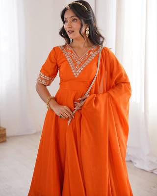 Orange designer heavy chinon silk blend palazzo suit set 3