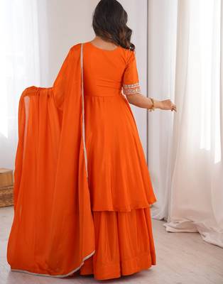 Orange designer heavy chinon silk blend palazzo suit set 4