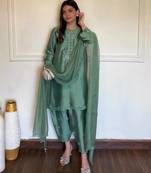 Green designer american silk blend palazzo suit set