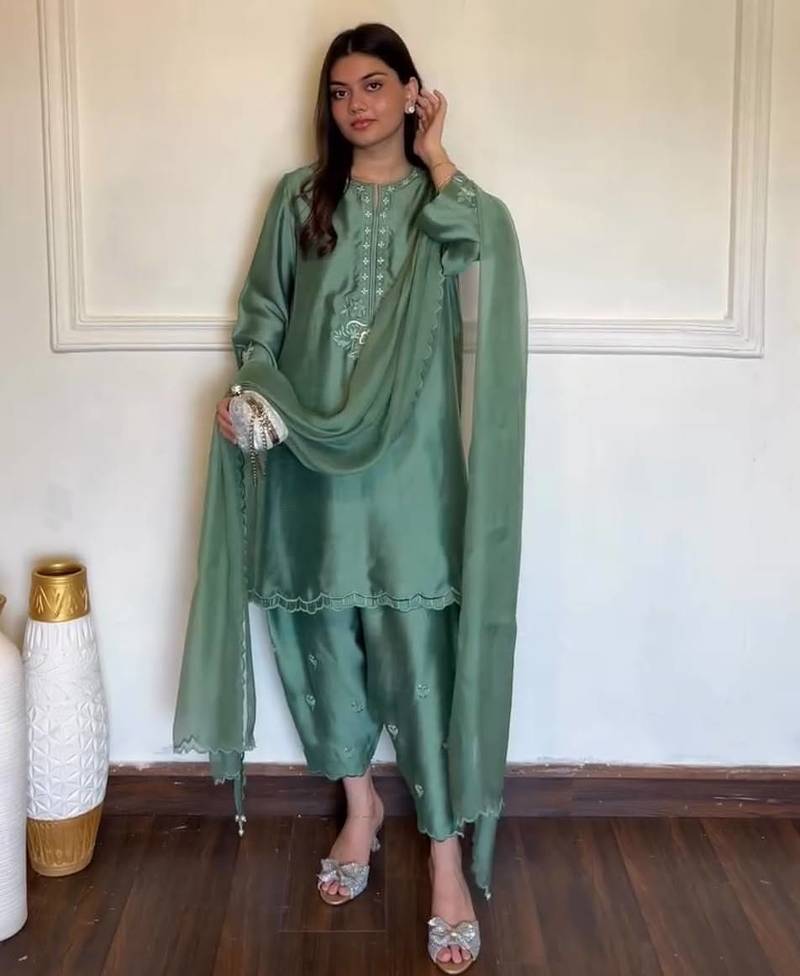 Green designer american silk blend palazzo suit set