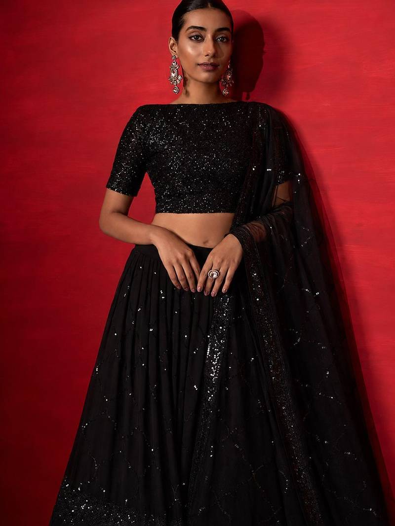 Black embellished sequinned pure georgette lehenga saree
