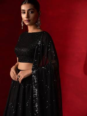 Black embellished sequinned pure georgette lehenga saree 2