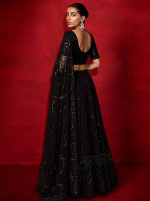 Black embellished sequinned pure georgette lehenga saree 3