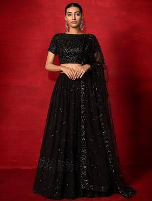 Black embellished sequinned pure georgette lehenga saree 4