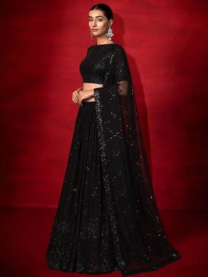 Black embellished sequinned pure georgette lehenga saree 5