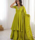 Green designer heavy chinon silk blend palazzo suit set