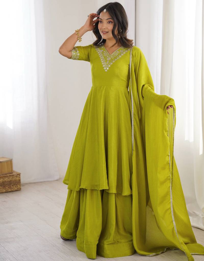 Green designer heavy chinon silk blend palazzo suit set