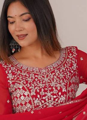 Ruby red designer heavy faux georgette anarkali suit set 2
