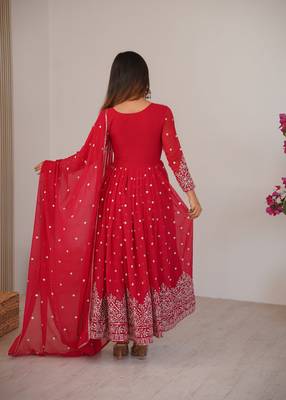 Ruby red designer heavy faux georgette anarkali suit set 3