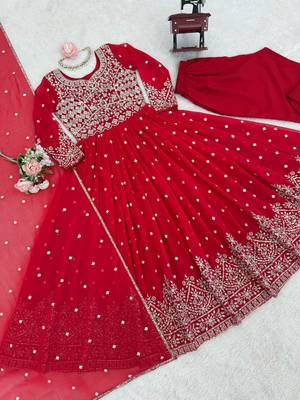 Ruby red designer heavy faux georgette anarkali suit set 4