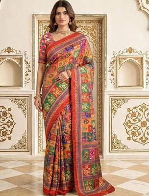 Red bandhani patchwork satin saree 1