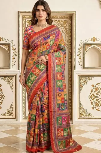 Red bandhani patchwork satin saree