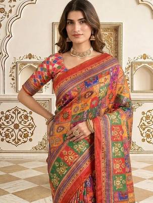 Red bandhani patchwork satin saree 2