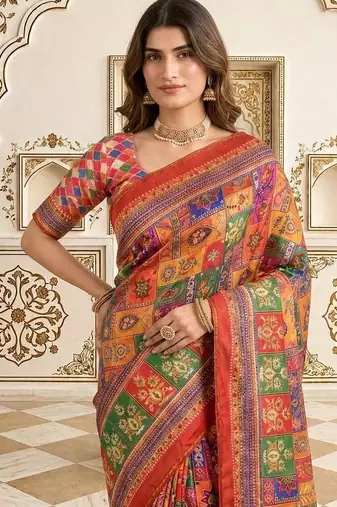 Red bandhani patchwork satin saree