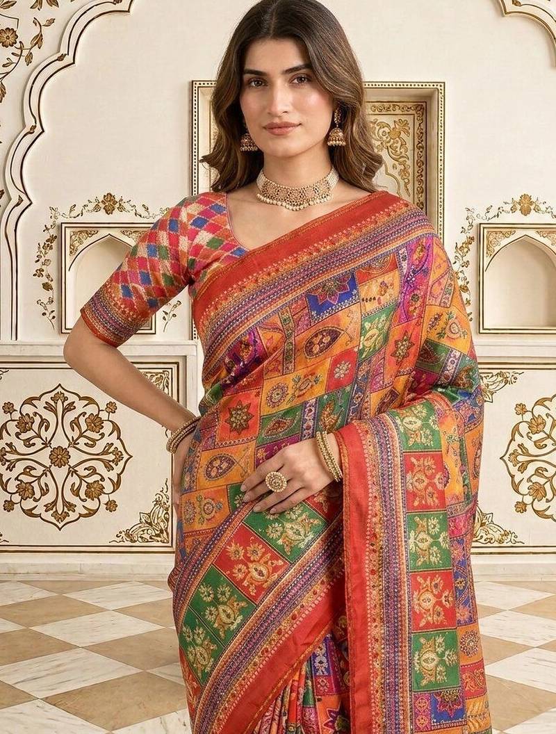 Red bandhani patchwork satin saree