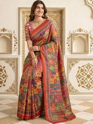 Red bandhani patchwork satin saree 3