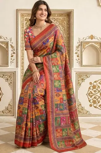 Red bandhani patchwork satin saree
